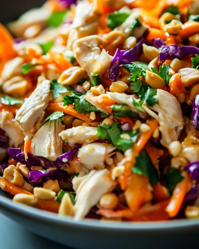 A vibrant bowl of Thai Chicken Salad with fresh vegetables and grilled chicken.