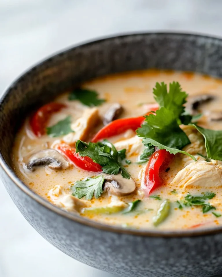 Bowl of Thai Inspired Chicken Soup garnished with herbs and spices