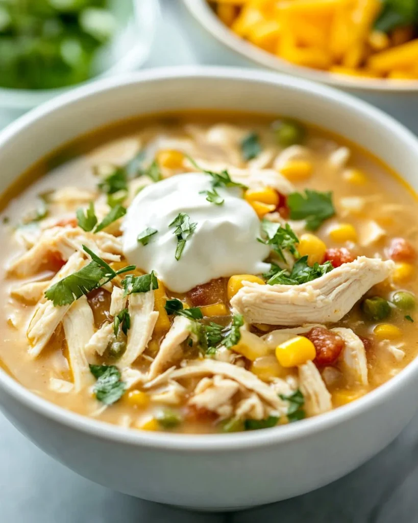 This White Chicken Chili recipe is easy to make on the Stove Top or in the Slow Cooker! Bowl of delicious white chicken chili prepared on stovetop with toppings.