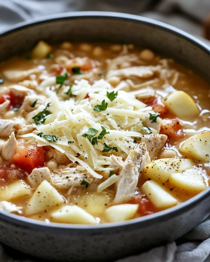 Bowl of creamy White Cheddar Apple Chicken Chili topped with fresh herbs