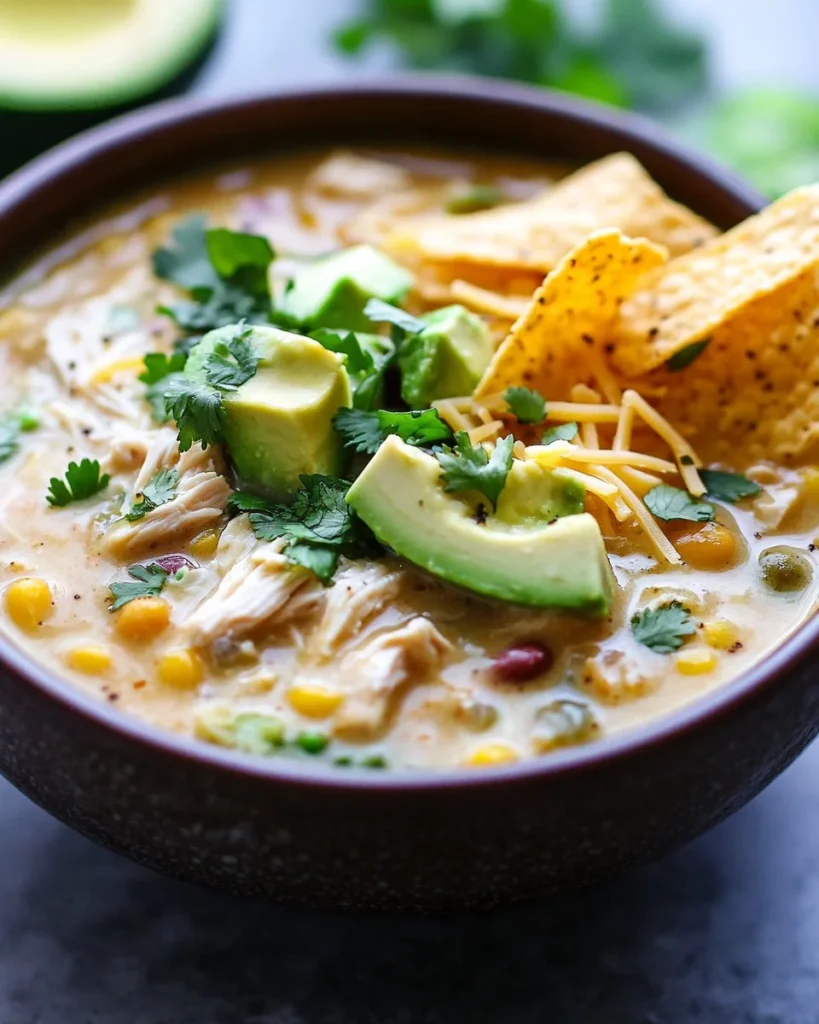 Bowl of delicious white chicken chili topped with herbs and served with tortilla chips.