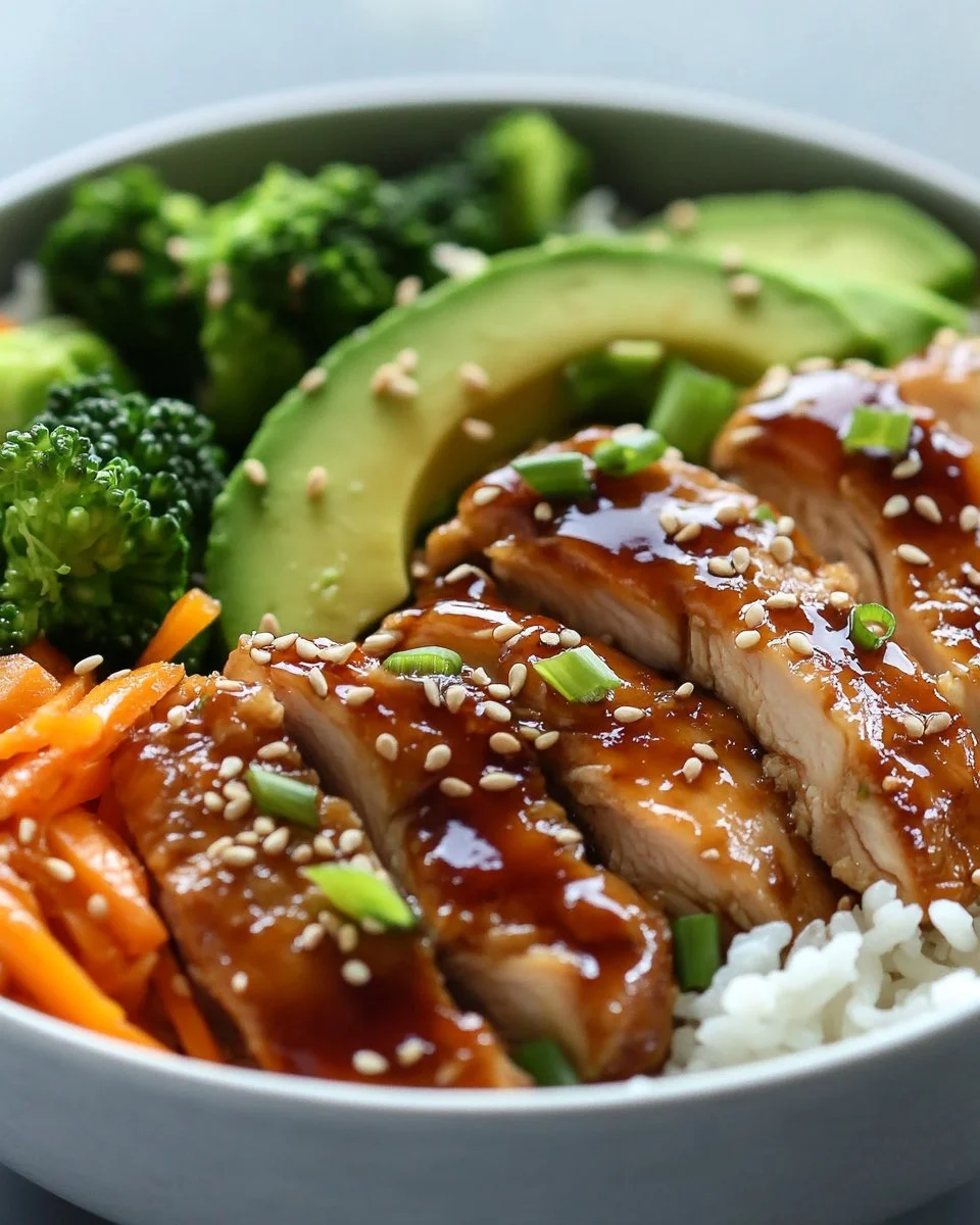 Delicious teriyaki chicken bowl served with vegetables and rice in a vibrant dish
