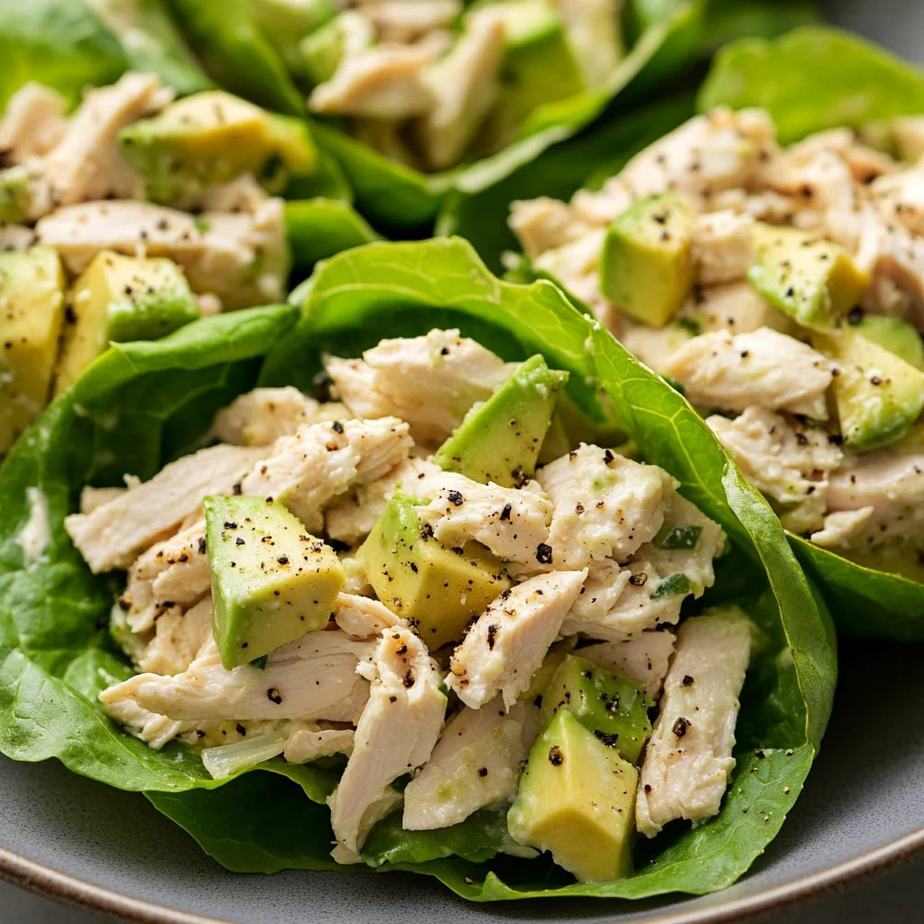 Avocado chicken salad lettuce wraps on a plate, healthy and colorful meal option.