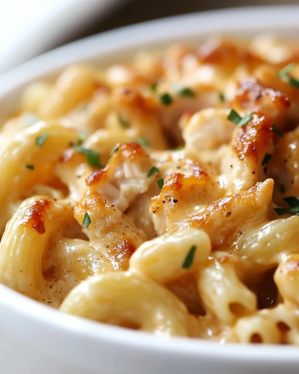 Delicious BBQ chicken mac and cheese topped with BBQ sauce and herbs