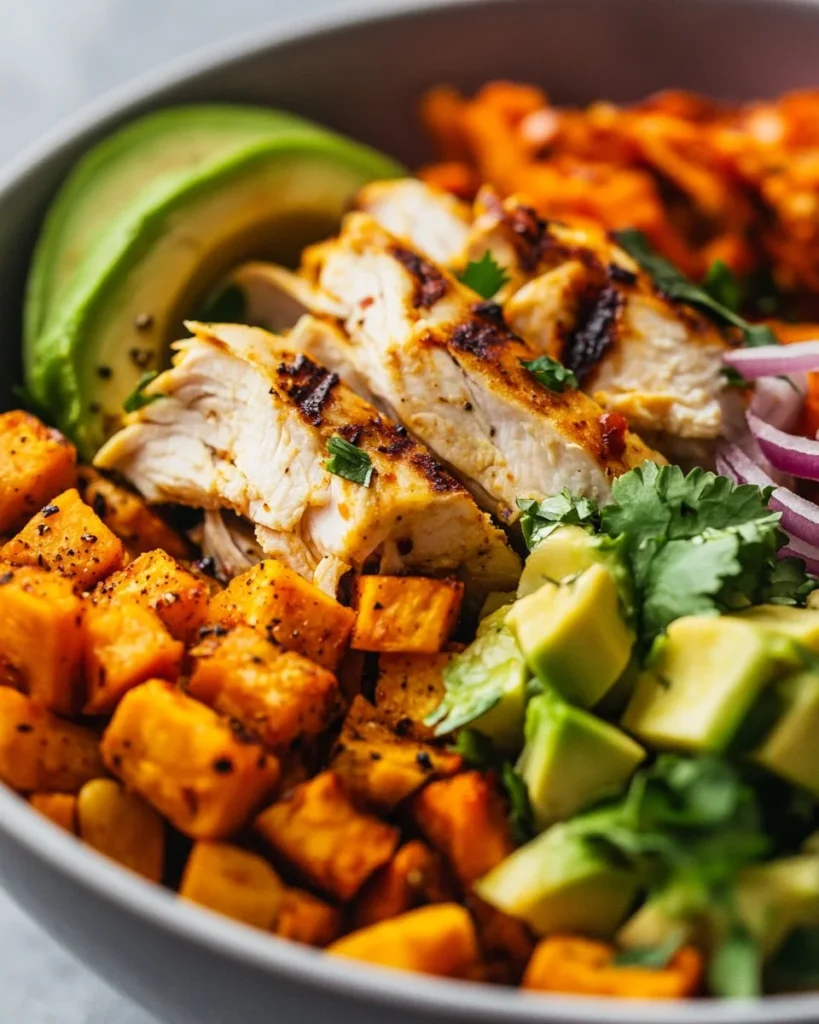 BBQ Chicken Sweet Potato Bowl topped with fresh herbs and vibrant vegetables