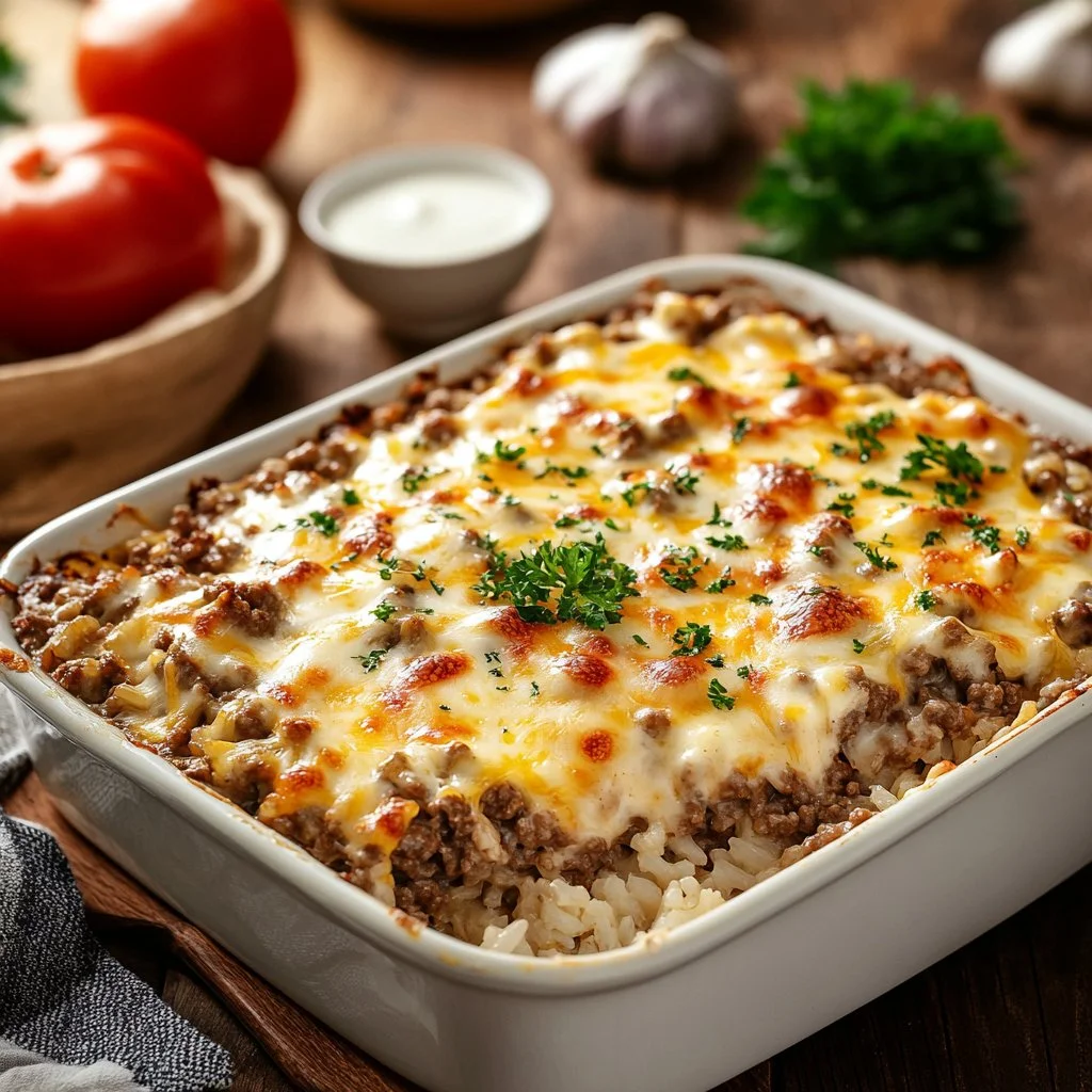 Cheesy Ground Beef and Rice Casserole