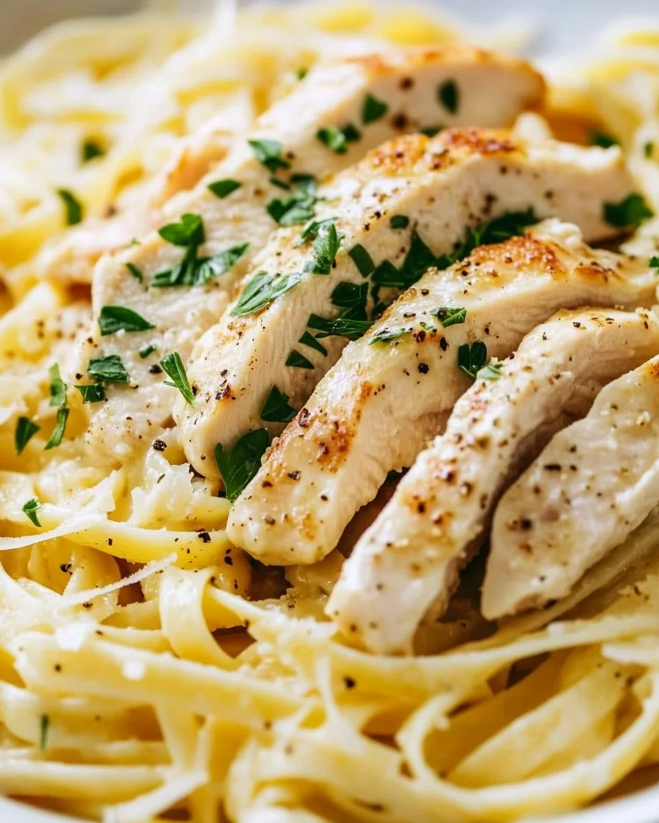Creamy Chicken Alfredo Pasta topped with parsley and parmesan cheese.