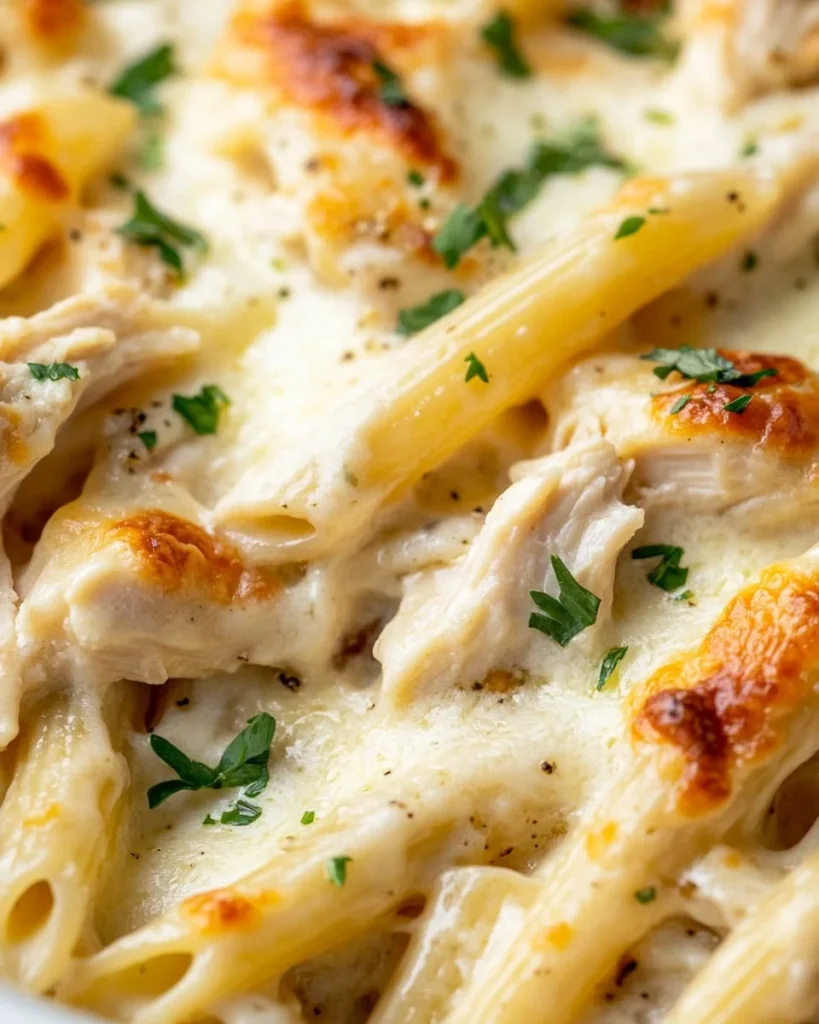 Delicious Chicken Alfredo Pasta Bake served in a ceramic dish