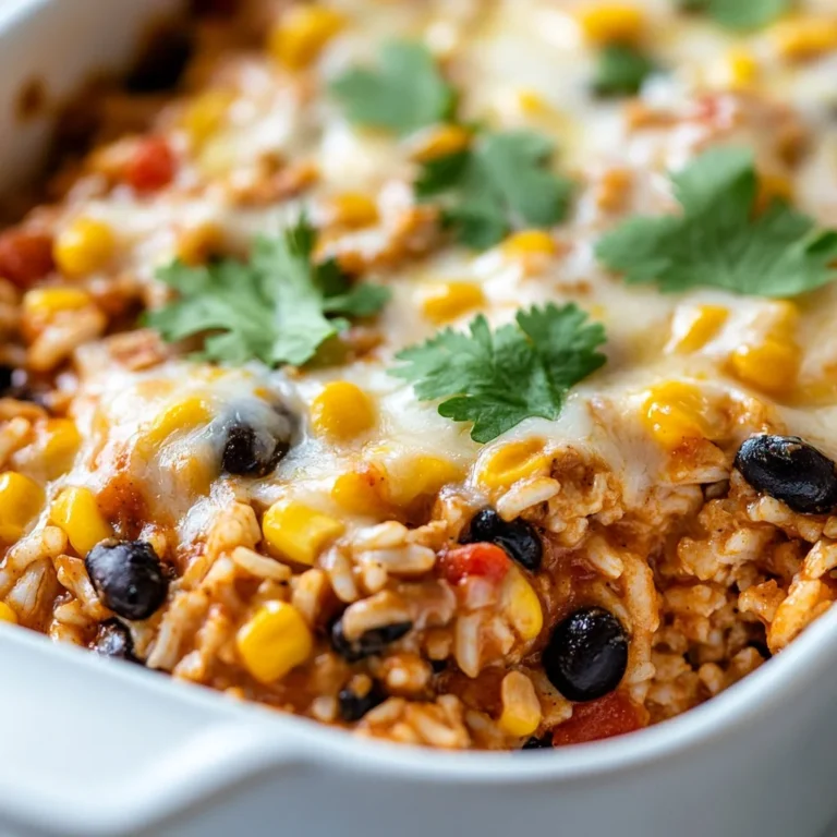 Chicken Enchilada Rice Casserole topped with cheese and fresh cilantro.