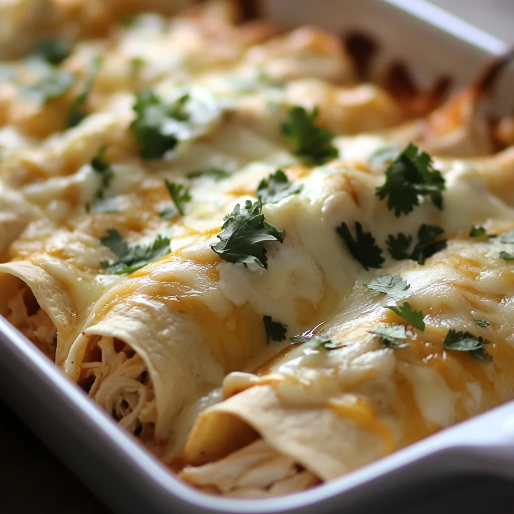 Delicious chicken enchiladas topped with sour cream sauce on a plate.