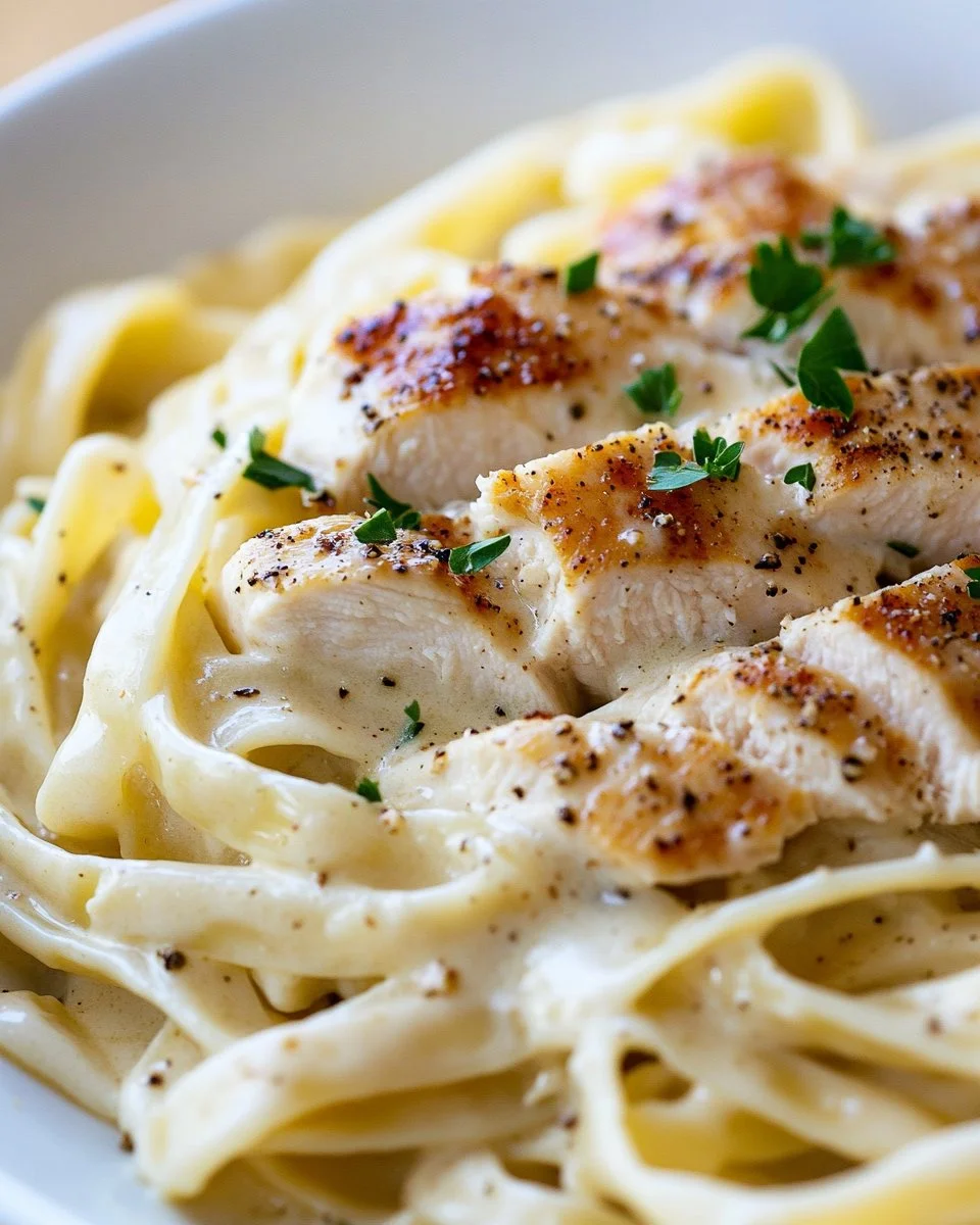 Plate of Chicken Fettuccine Alfredo with fresh parsley garnish