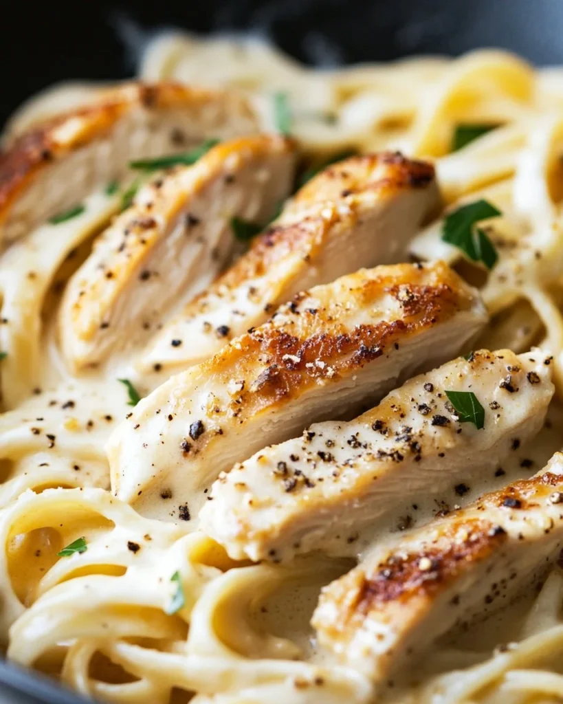 Chicken Fettuccine Alfredo Delicious Chicken Fettuccine Alfredo served with fresh parsley and parmesan cheese