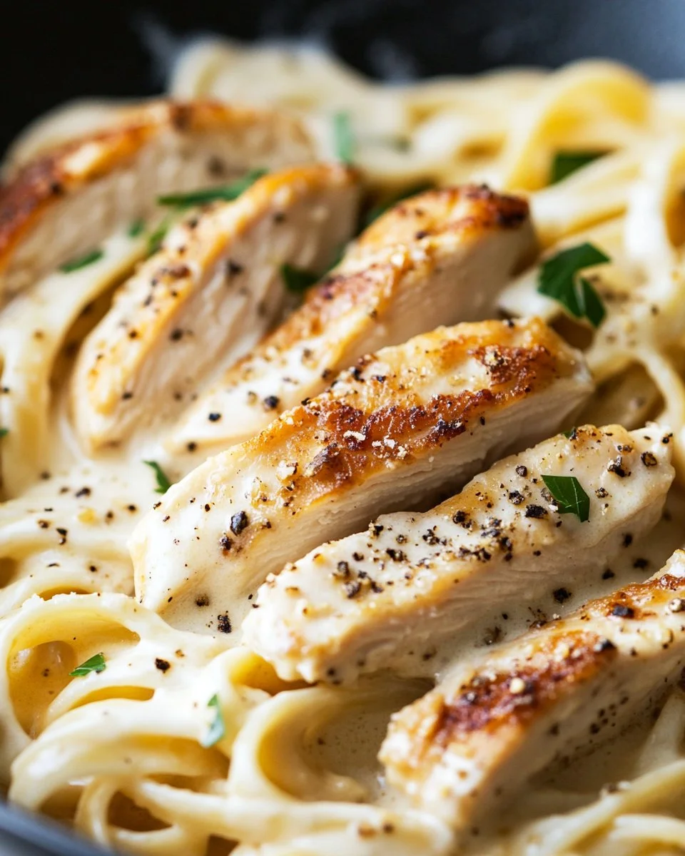 Delicious Chicken Fettuccine Alfredo served with fresh parsley and parmesan cheese