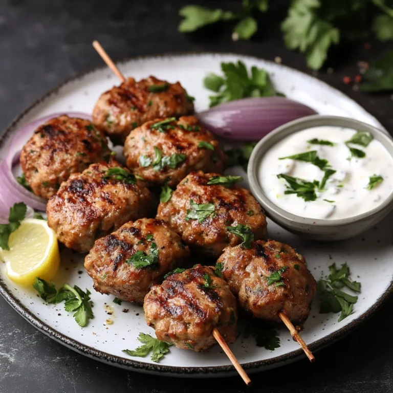 Chicken Kofta with garlic yogurt sauce on a plate