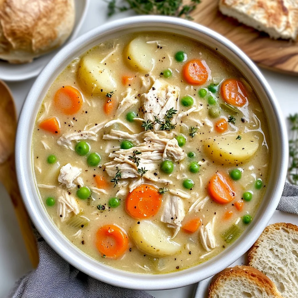 Delicious Chicken Pot Pie Soup in a bowl topped with fresh herbs