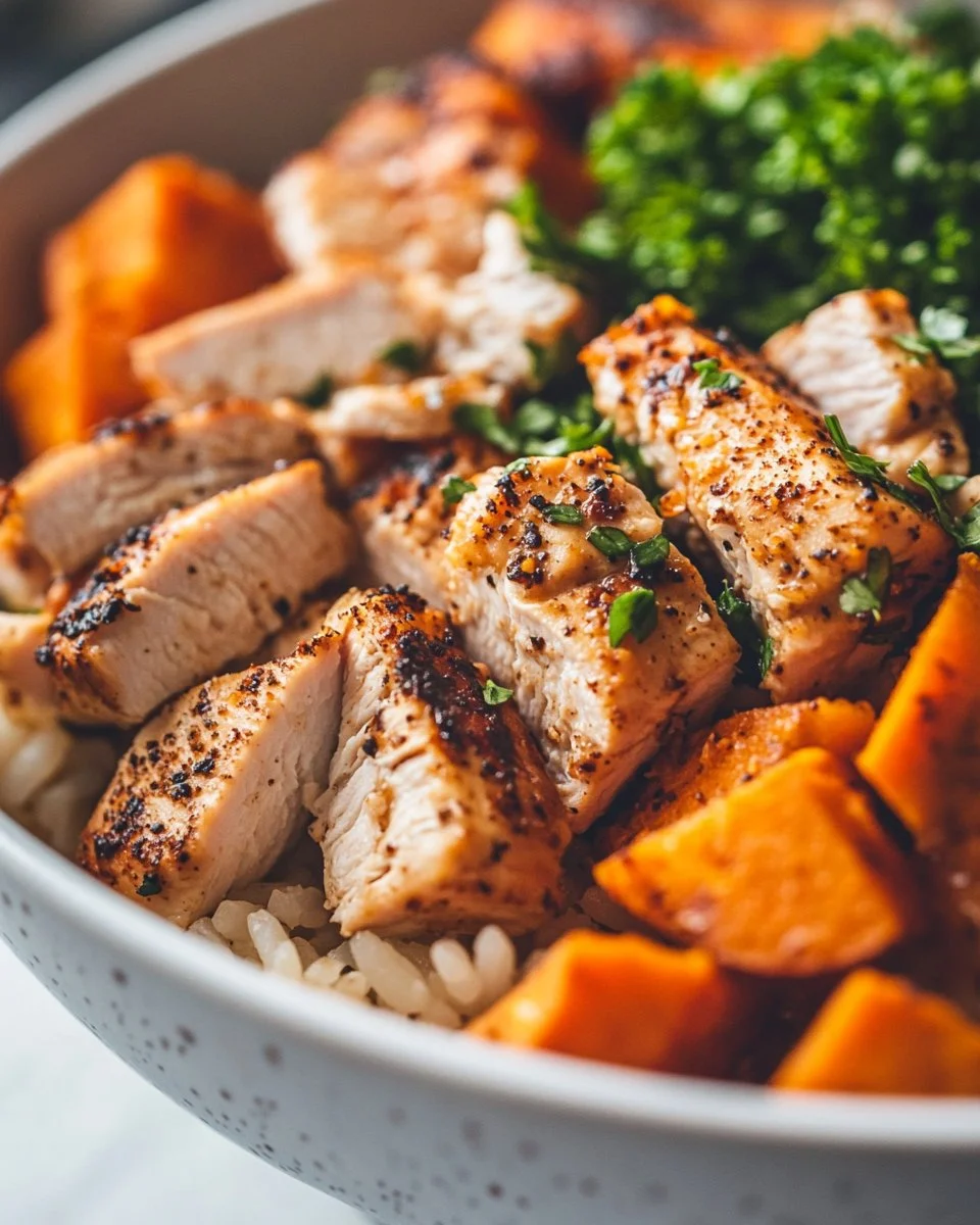 Delicious Chicken & Sweet Potato Rice Bowl served in a vibrant dish