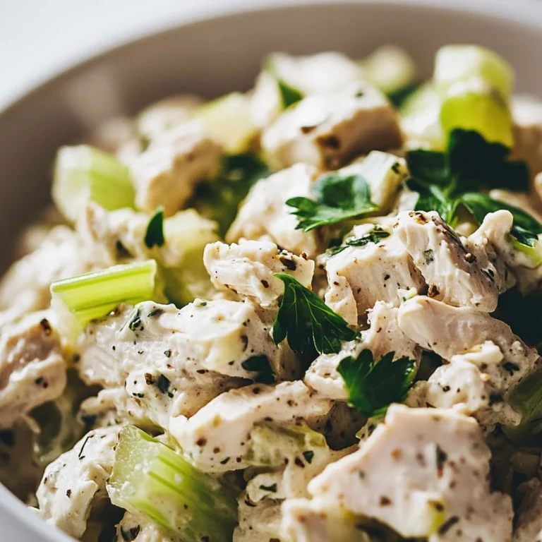 Creamy chicken salad with celery and fresh herbs in a bowl