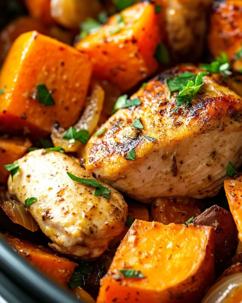 Crockpot Chicken and Sweet Potatoes Delicious crockpot chicken with sweet potatoes ready to serve