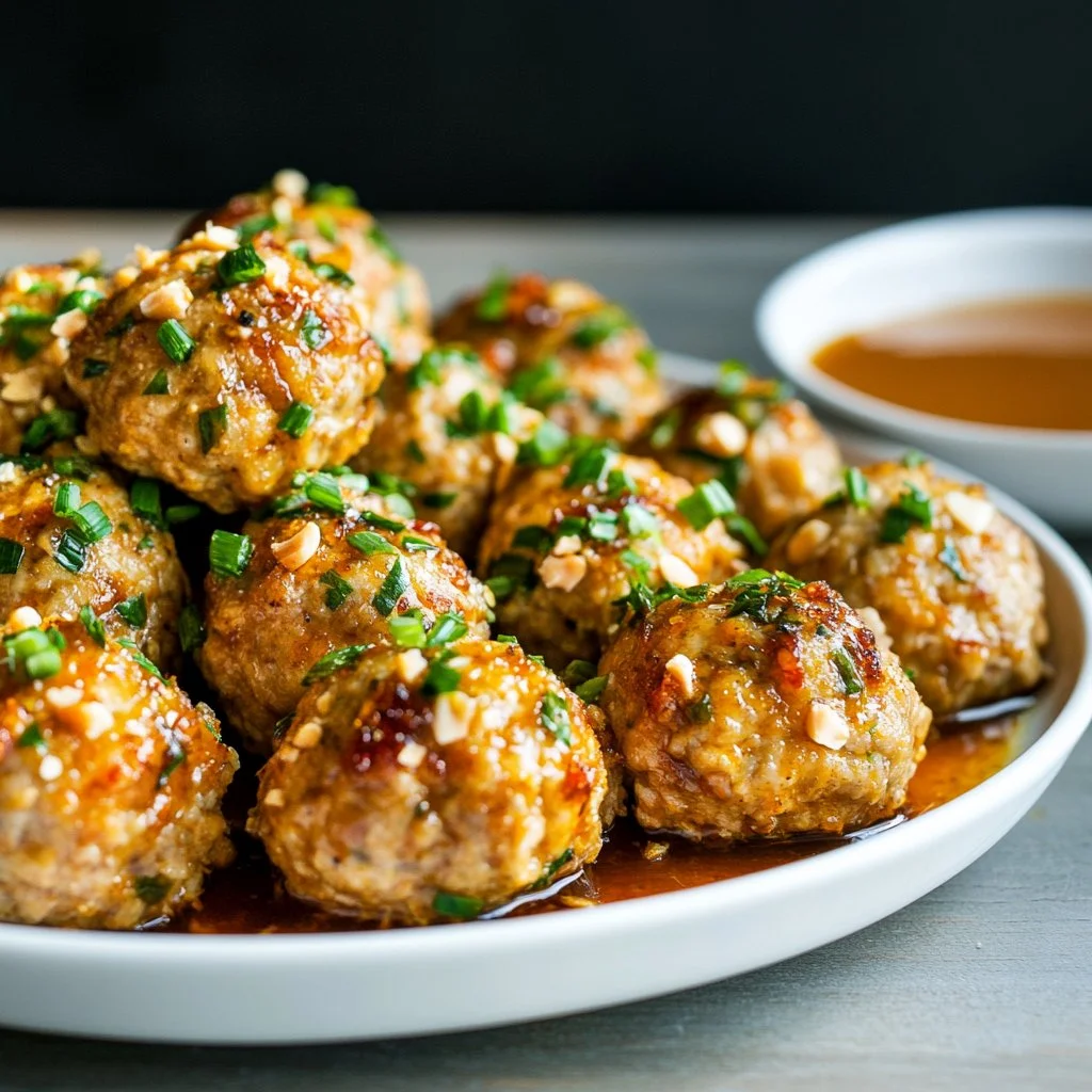 Plate of easy Thai baked chicken meatballs garnished with herbs and spices.