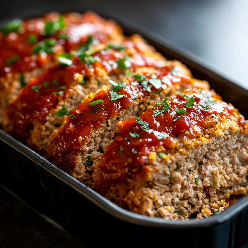 Delicious Garlic Parmesan Chicken Meatloaf topped with a savory garlic and Parmesan glaze.