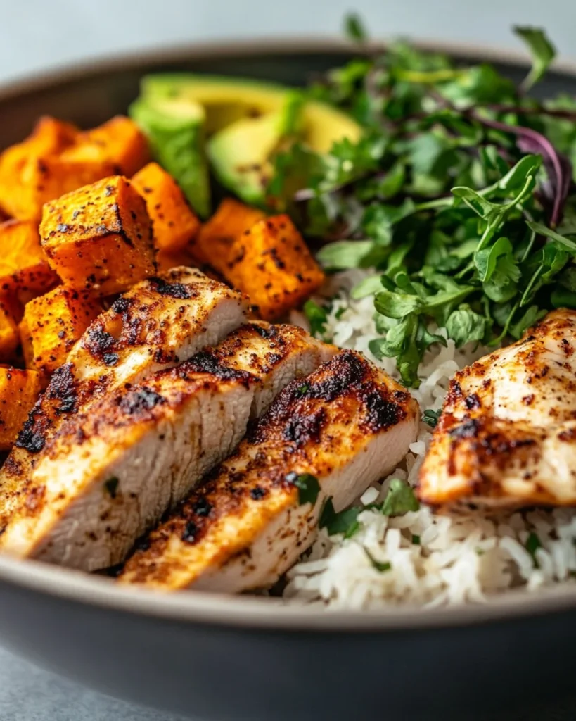 Healthy Chicken & Sweet Potato Rice Bowl Healthy chicken and sweet potato rice bowl with vibrant vegetables.