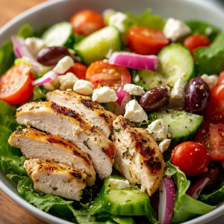Healthy Greek salad with chicken, fresh vegetables, and feta cheese