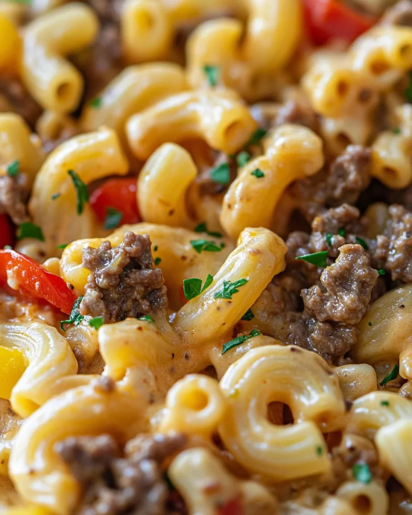 High-protein creamy Philly Cheesesteak Mac & Cheese served in a bowl