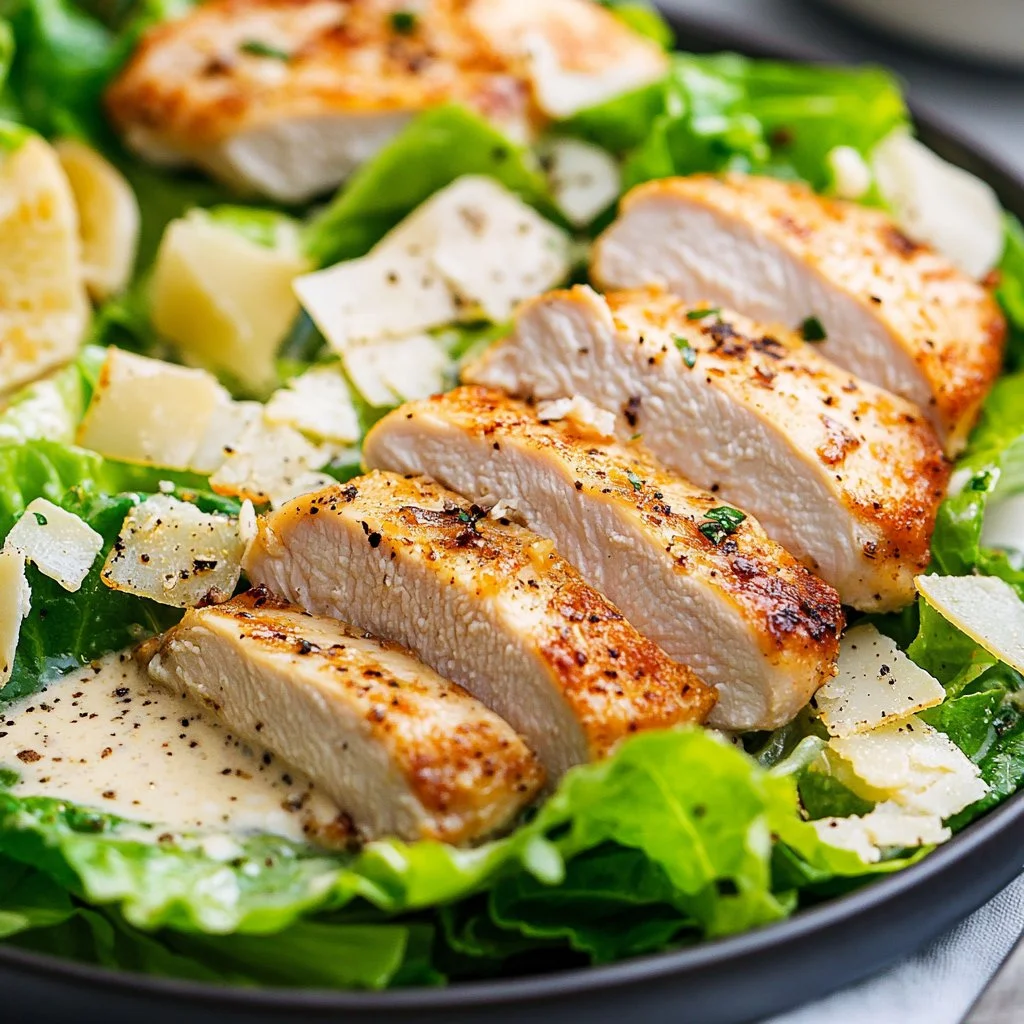 A vibrant Low Carb Caesar Salad with Chicken topped with parmesan and dressing