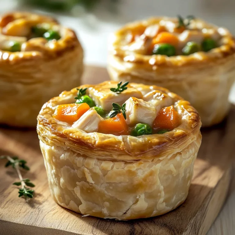Mini chicken pot pies baked to golden perfection with a creamy filling.