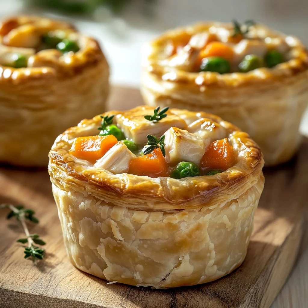 Mini chicken pot pies baked to golden perfection with a creamy filling.