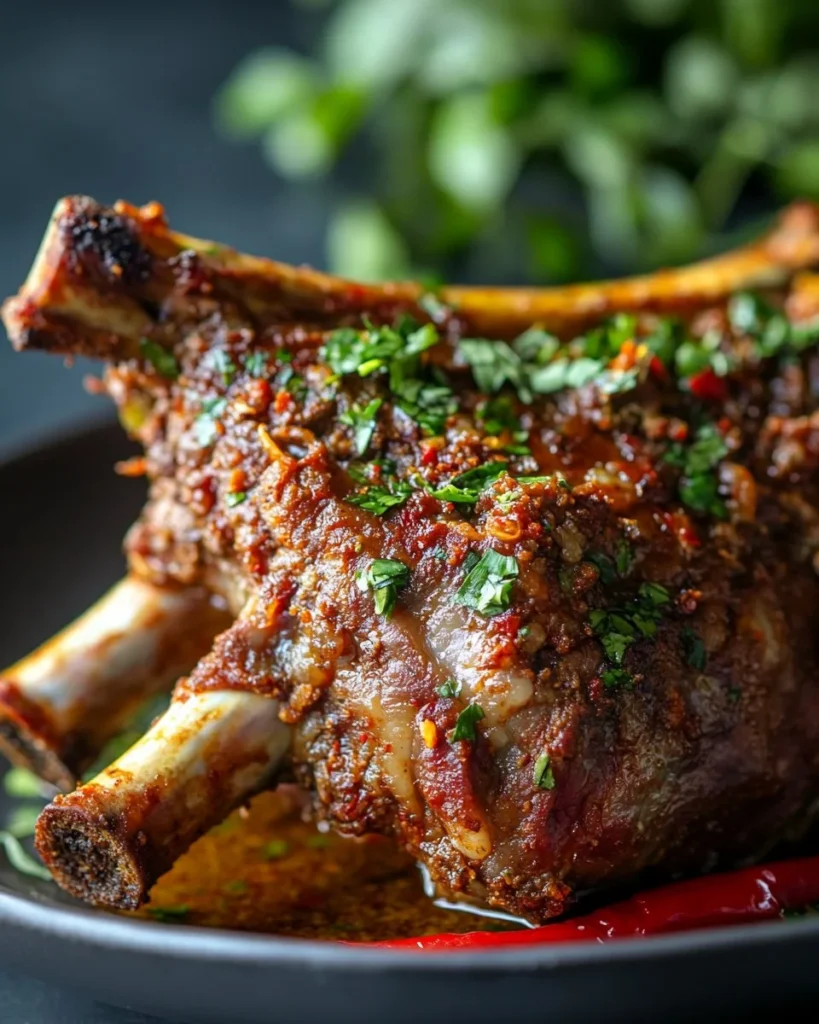 Mutton Leg Roast A beautifully roasted mutton leg, seasoned and garnished, served on a wooden platter.