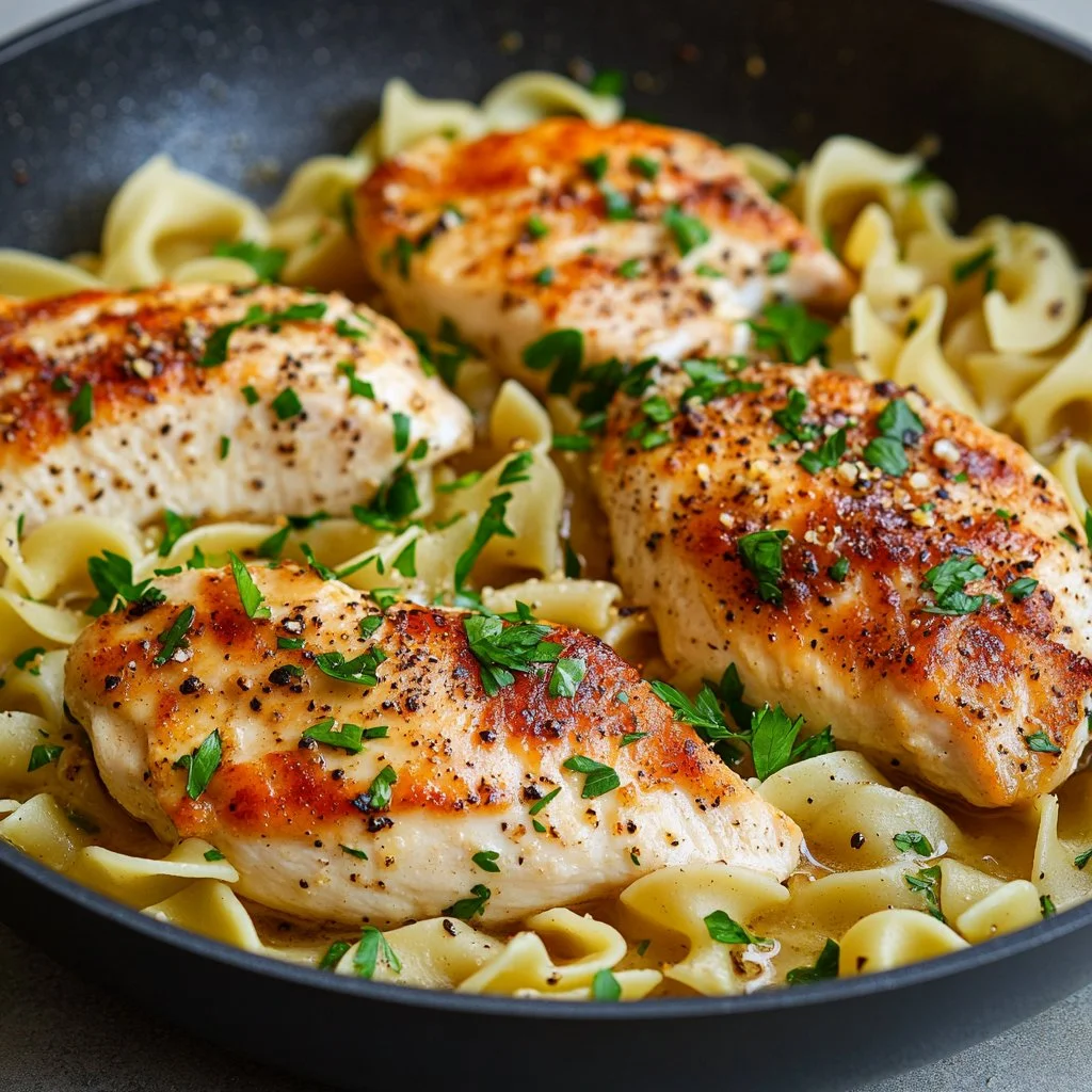 One-Pan Chicken with Buttered Noodles dish garnished with herbs