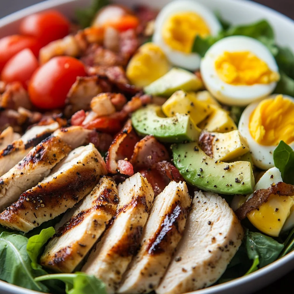 Paleo Grilled Chicken Cobb Salad with Honey Dijon Dressing on a plate