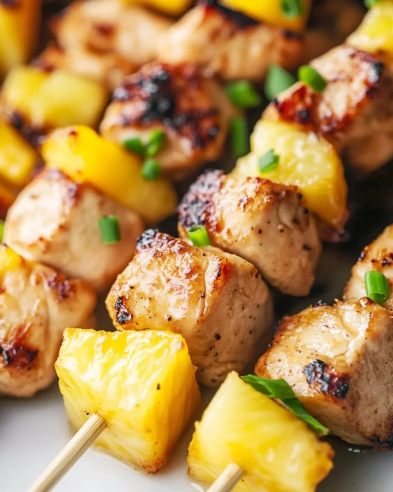 Delicious pineapple chicken kabobs grilled on skewers with vibrant colors.
