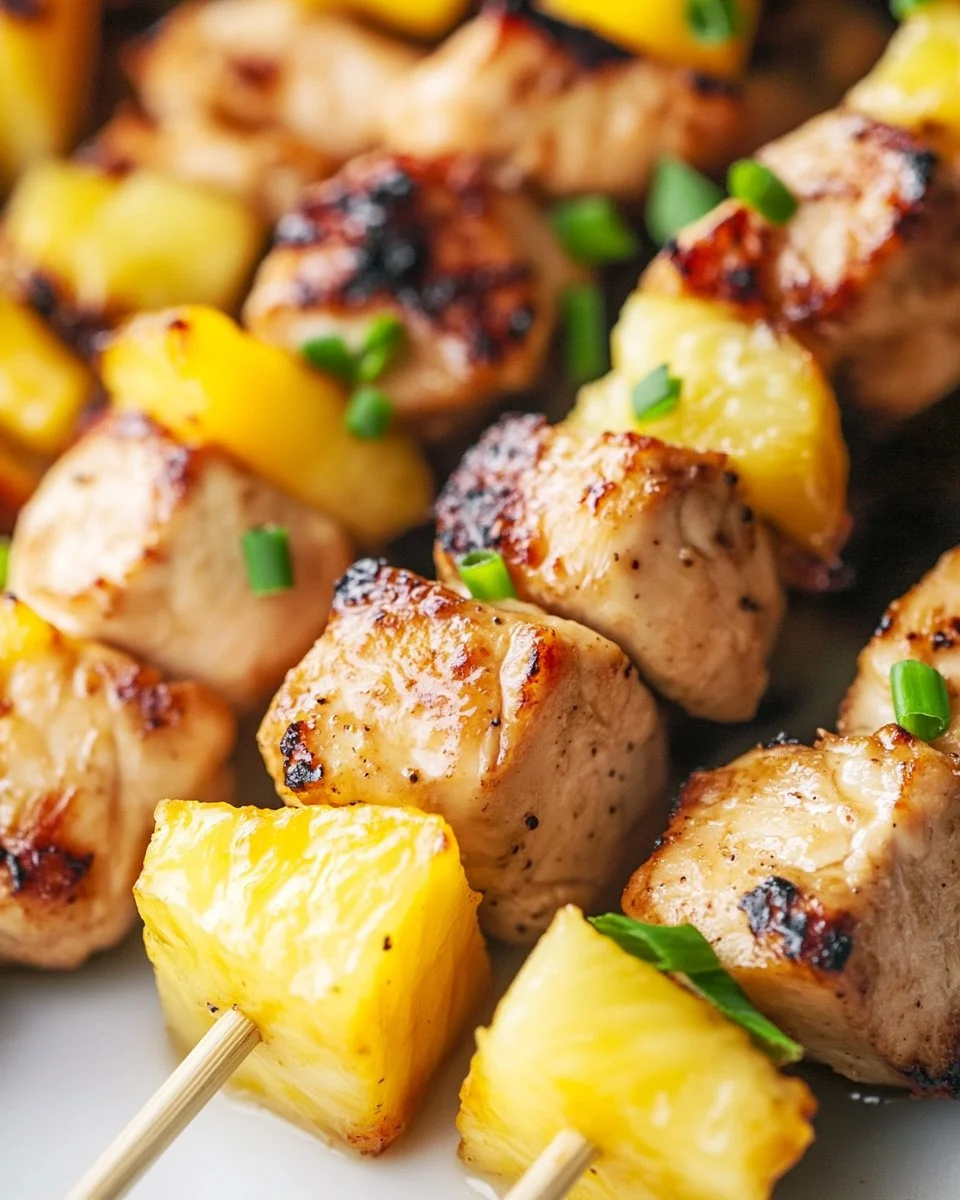 Delicious pineapple chicken kabobs grilled on skewers with vibrant colors.