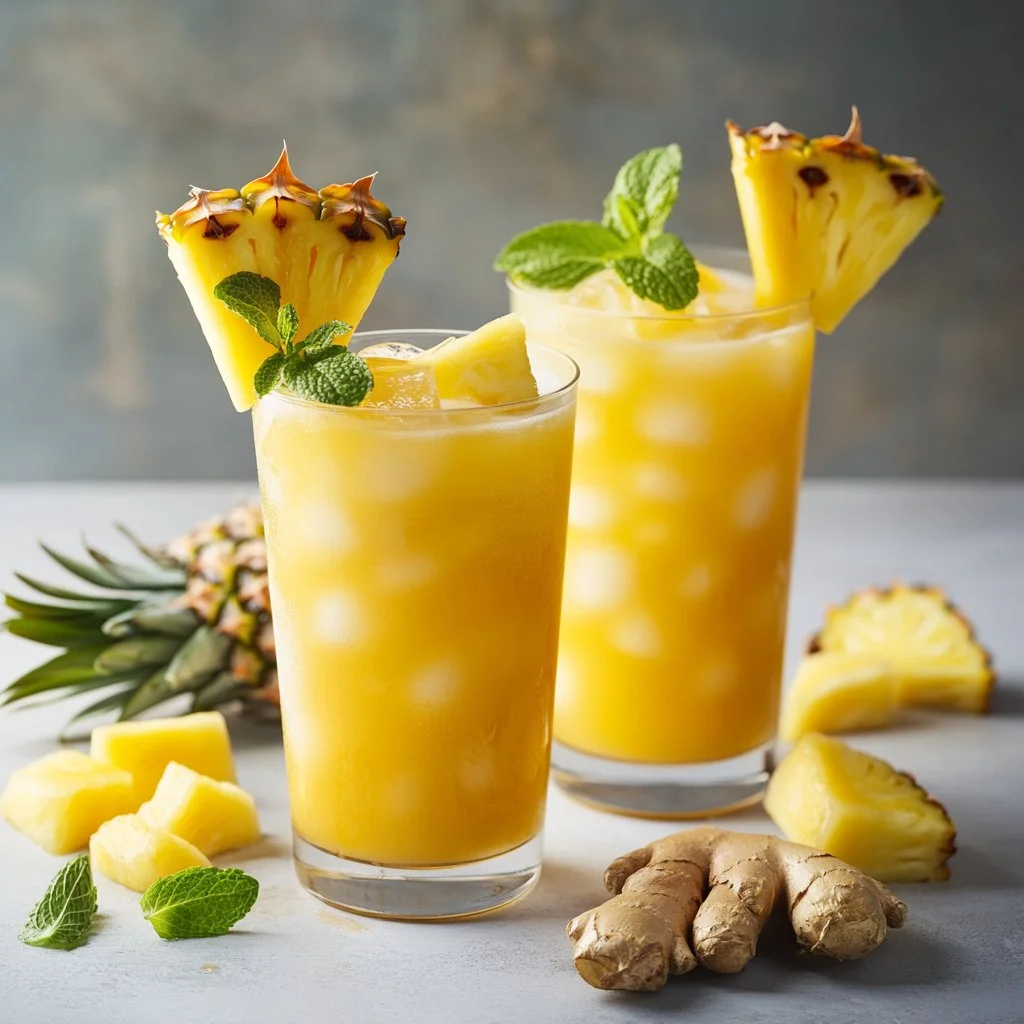 Pineapple Ginger Beer mocktail served in a glass with garnishes