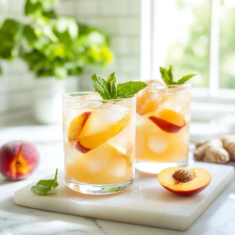 Sparkling Ginger Peach Mocktail in a glass with fruit garnishes