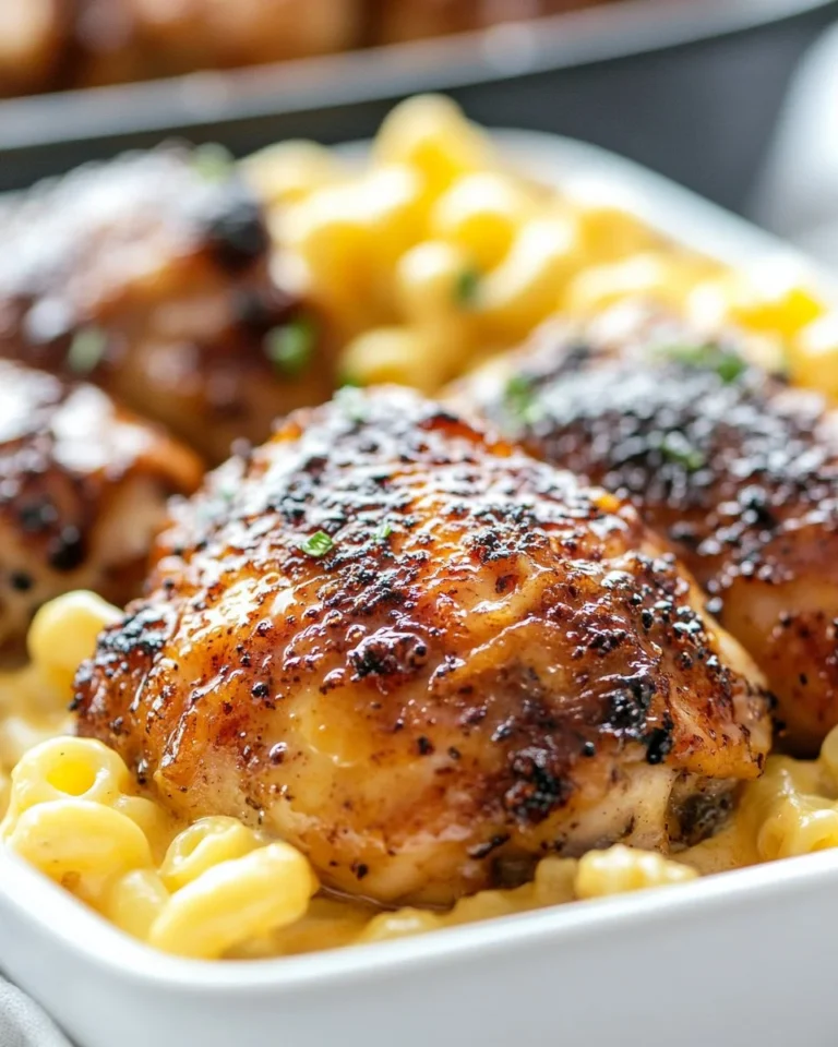 Sweet and Spicy Honey Pepper Chicken with Macaroni and Cheese dish