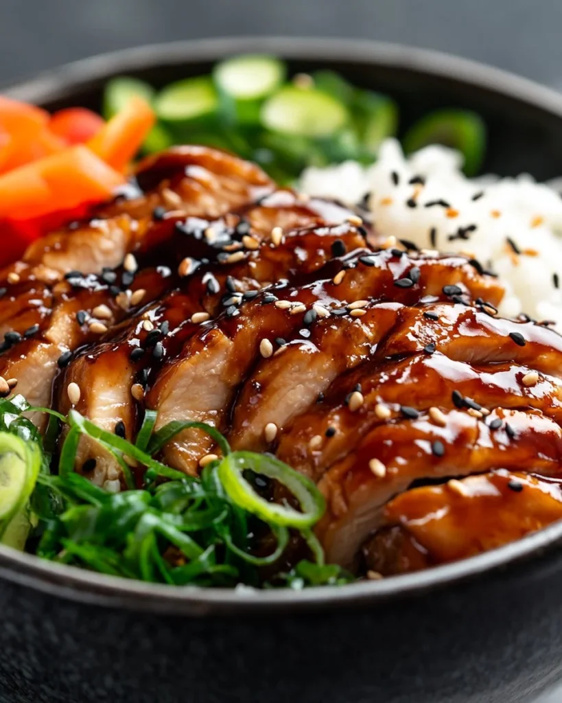 Delicious teriyaki chicken rice bowl garnished with vegetables and sesame seeds