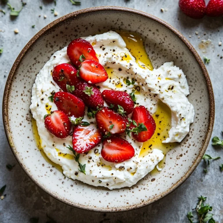 Whipped feta with roasted strawberries served on a plate.