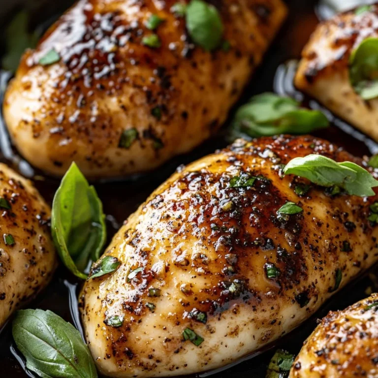 Balsamic baked chicken breast garnished with herbs on a white plate