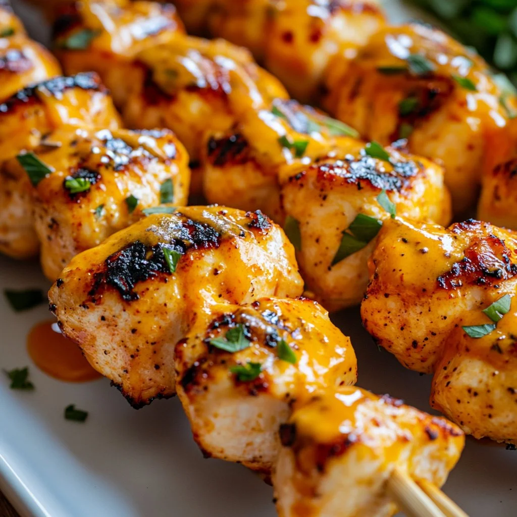 Delicious Bang Bang Chicken Skewers grilled to perfection with spicy sauce