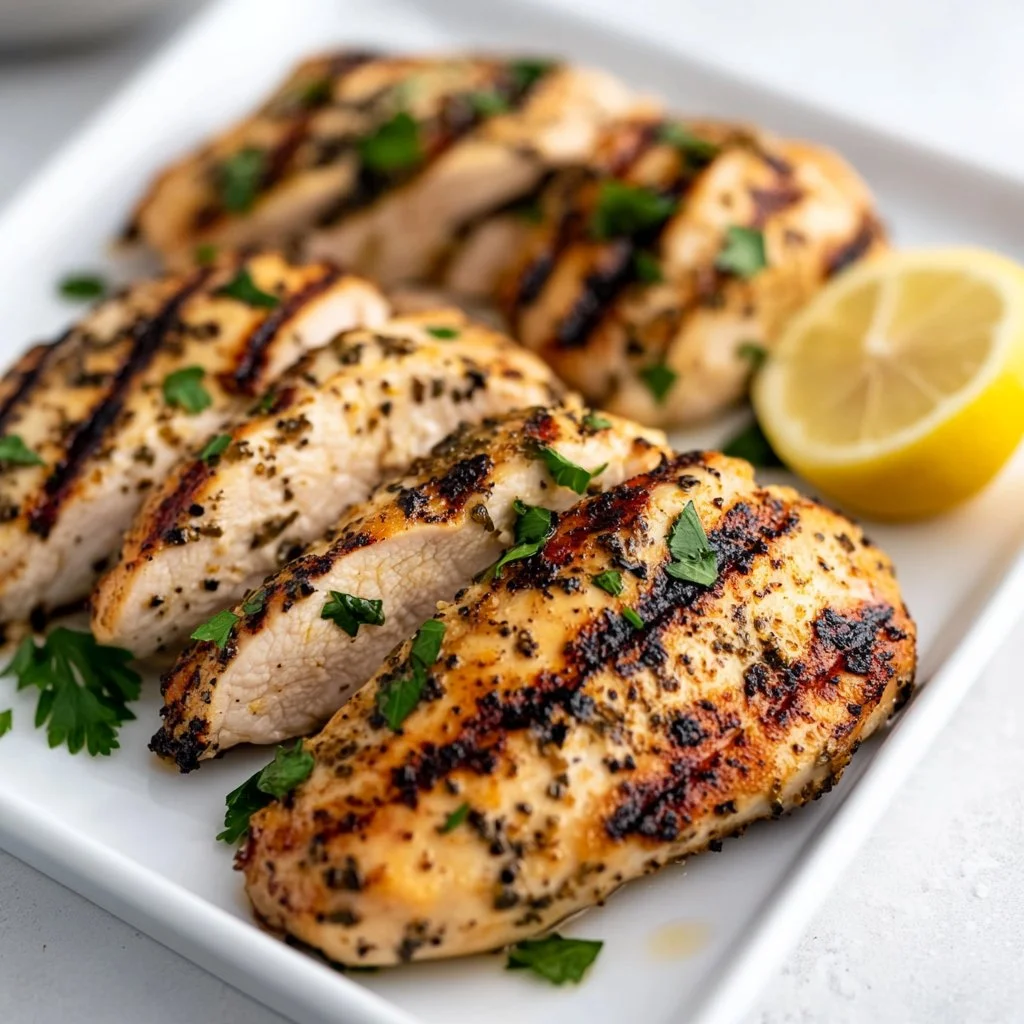 Deliciously grilled chicken on a platter with herbs and spices