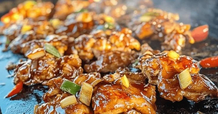 Delicious Blackstone Bourbon Chicken served on a plate with fresh ingredients