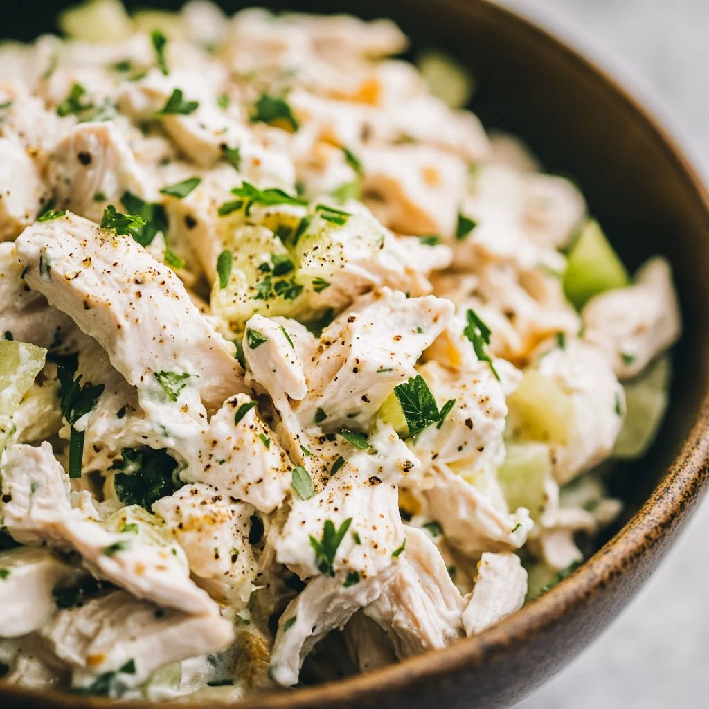 Delicious homemade chicken salad in a bowl with fresh vegetables