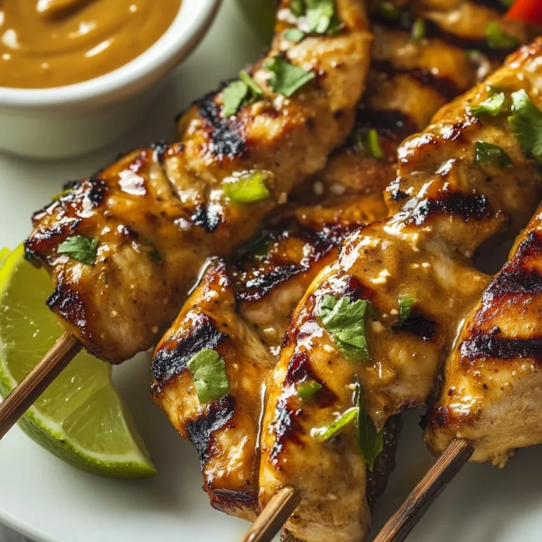Delicious Chicken Satay skewers served with peanut sauce on a platter.