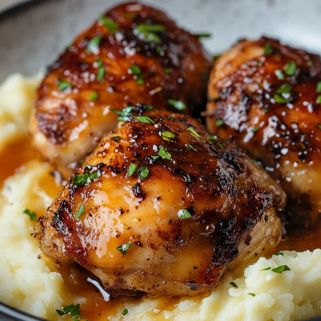 Chipotle Honey Chicken thighs served with smoked Gouda mashed potatoes