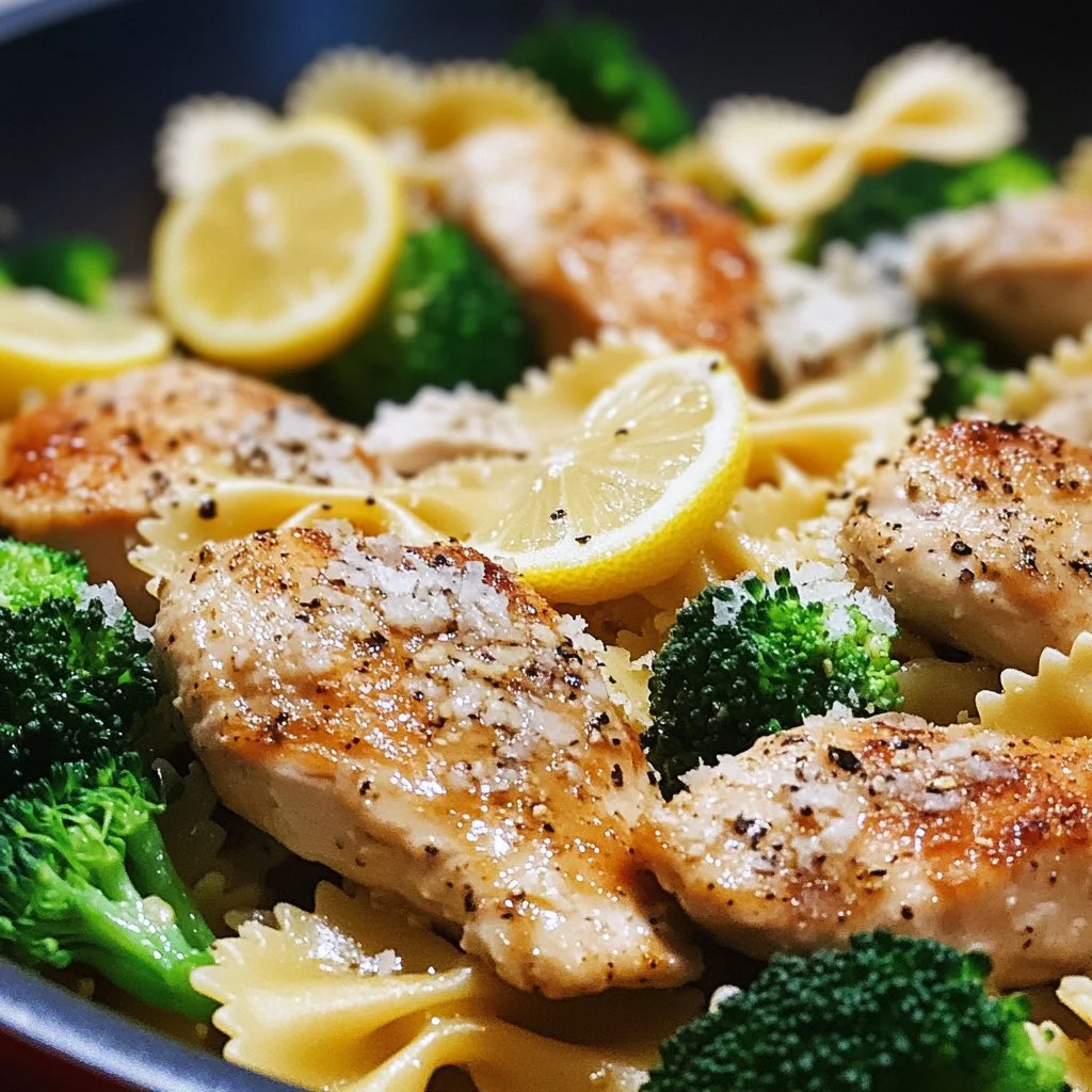 Delicious Cowboy Butter Lemon Bowtie Chicken served with fresh broccoli.