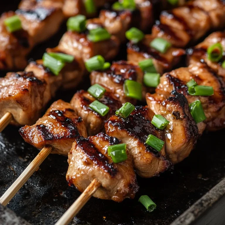 Cozy grilled chicken yakitori skewers on a plate, garnished with green onions.