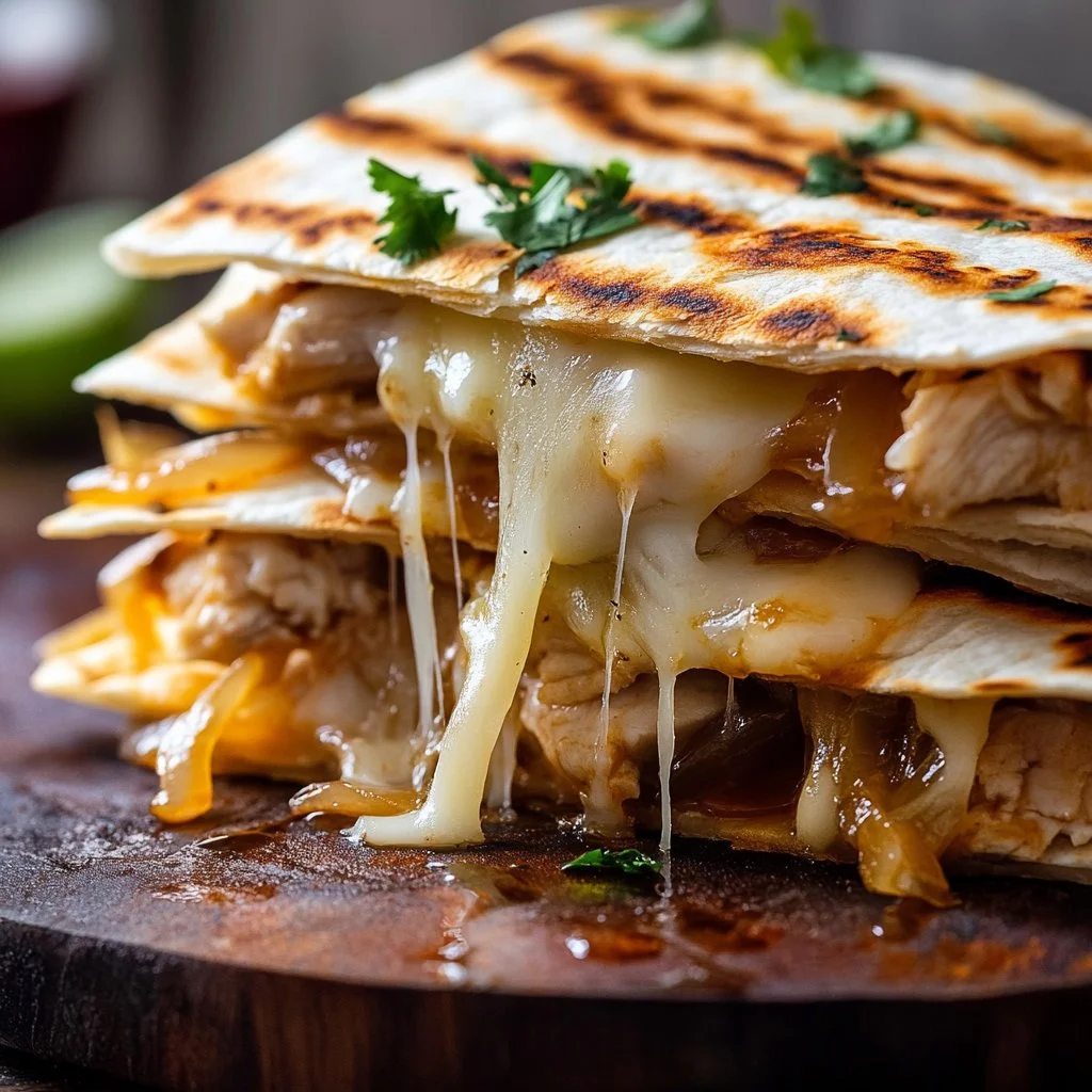 Crispy Blackstone Chicken Quesadillas with Caramelized Onions on a plate